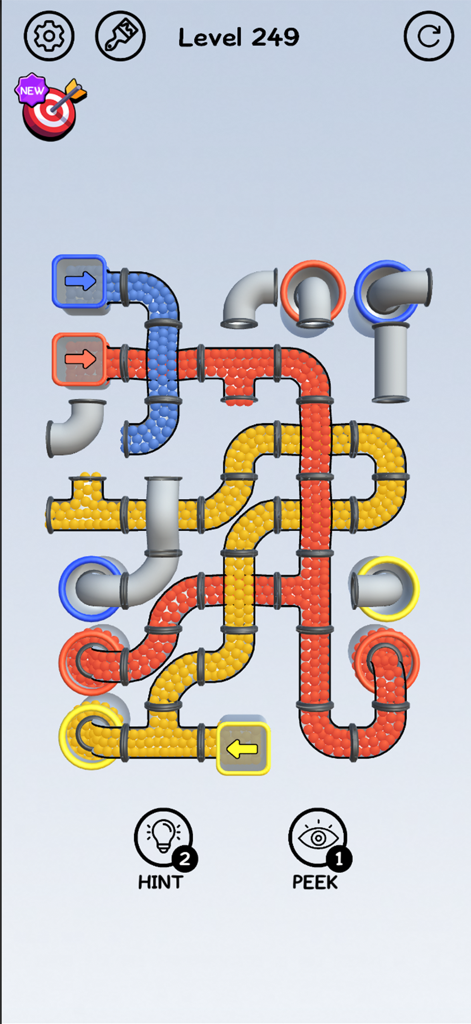Pipes and Balls - A screenshot of Level 249 in the Pipes and Balls mobile game showing a complex 3D network of colorful interconnected pipes with rolling balls.