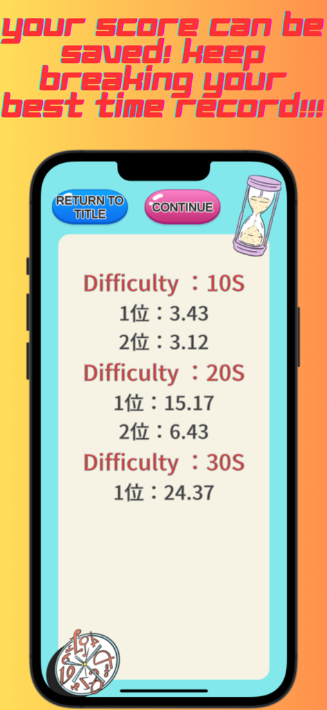 STOP!!TIMER!!! - Schermata dei punteggi più alti per l'app STOP!!TIMER!!! che mostra i record personali per le sfide di temporizzazione da 10, 20 e 30 secondi.