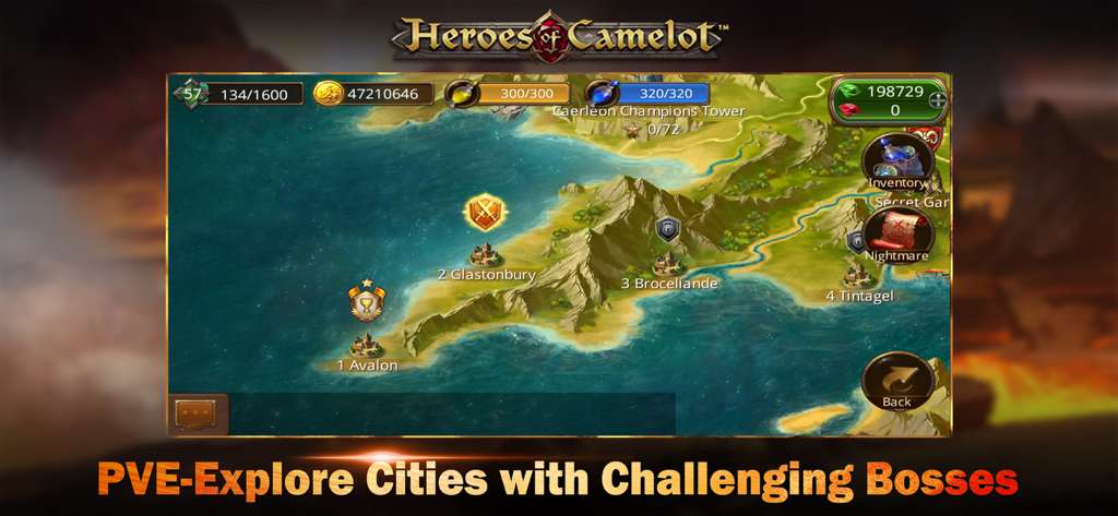 Heroes of Camelot - A world map interface in Heroes of Camelot showing cities like Avalon and Glastonbury for PvE exploration