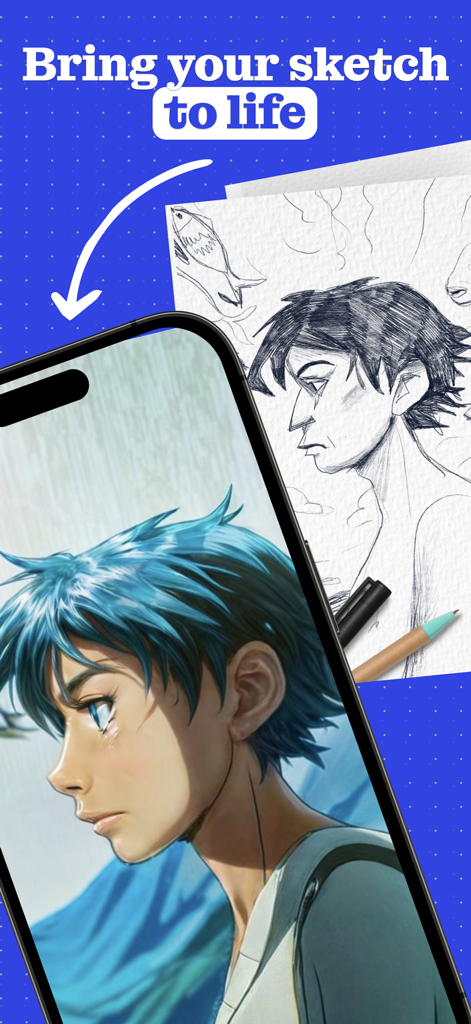 Drostudio: AI Photo Editor - Drostudio AI app transforming a pencil sketch into a colored anime illustration on a smartphone screen
