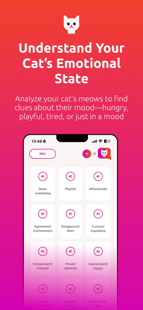 Cat Translator - Meow Talker - Interface do aplicativo Meow Talker mostrando diferentes estados emocionais de gatos e categorias de humor