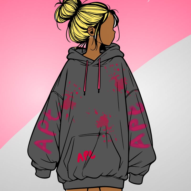 realistic girl with a oversized sweatshirt on and a bun