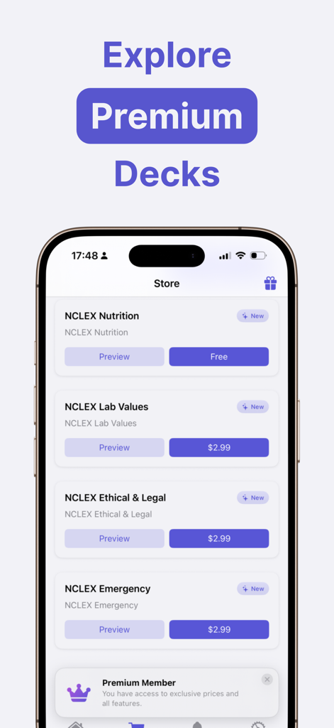 MemoraX: AI Flashcard Maker - MemoraX app store page featuring premium NCLEX study flashcard decks