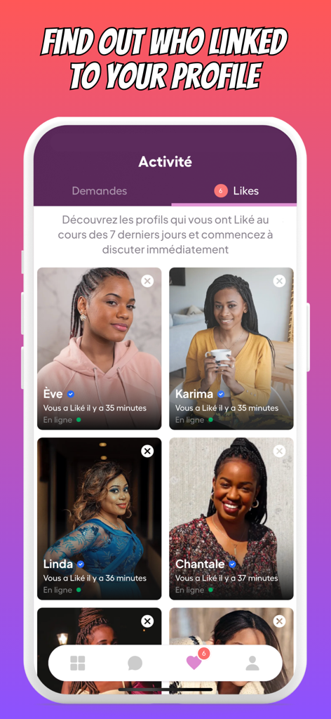 L'écran d'activité de l'application de rencontre Heyama montrant une liste de profils de personnes qui ont aimé l'utilisateur.