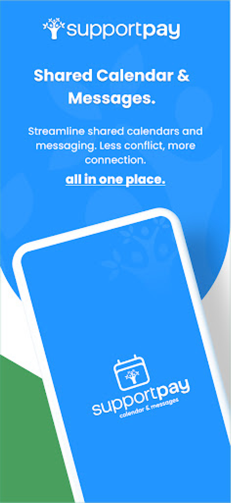 SupportPay app promotional screen highlighting shared calendar and messaging features for co-parents