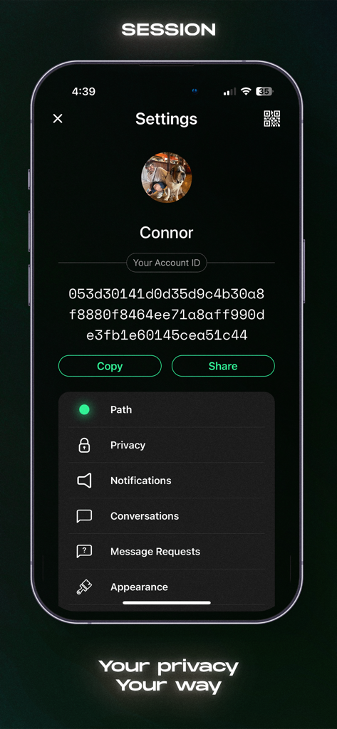 Session app settings screen showing a unique anonymous Account ID and privacy options menu
