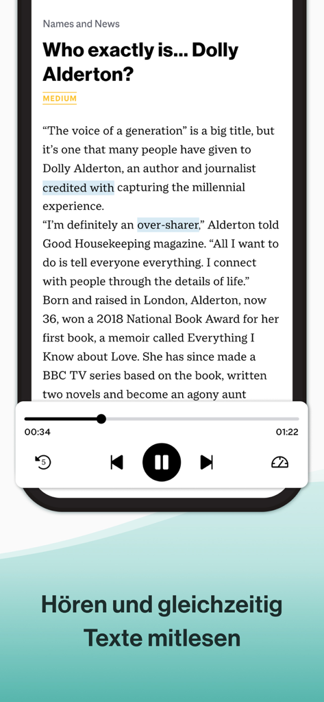 Spotlight eMagazine App Oberfläche, die einen englischen Artikel mit einem integrierten Audioplayer zum gleichzeitigen Lesen und Hören zeigt.