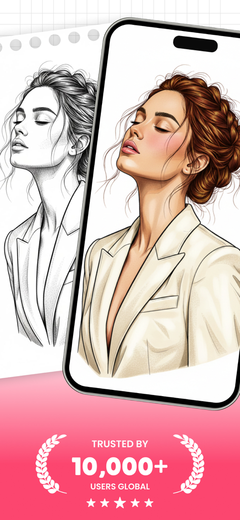 AR Sketch - AR Drawing - Nebeneinandervergleich einer Bleistiftskizze und ihrer farbigen Version auf einem iPhone-Bildschirm mit der AR Sketch App.