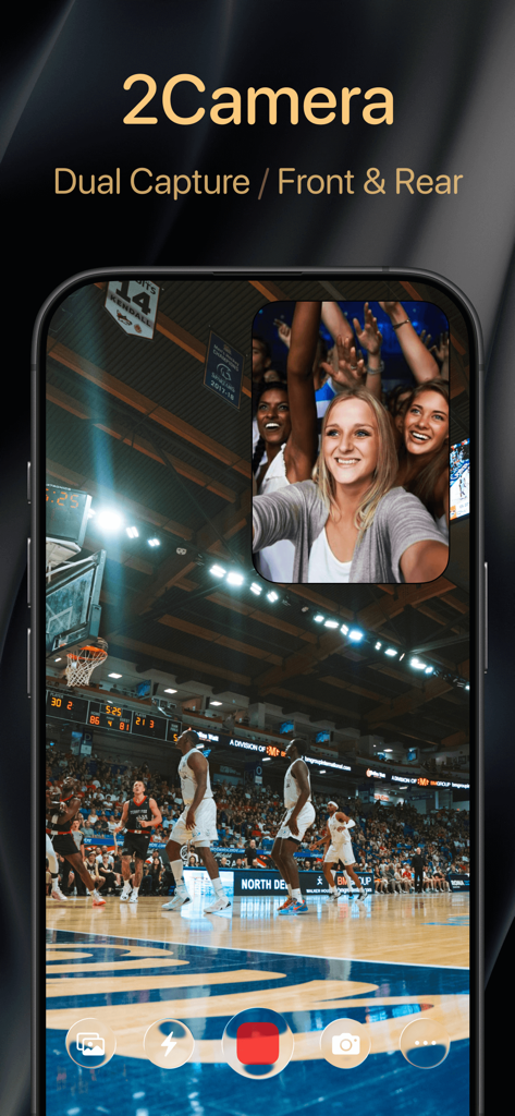 Interfaz de la app 2Camera mostrando grabación simultánea de un partido de baloncesto y una selfie grupal usando las cámaras frontal y trasera