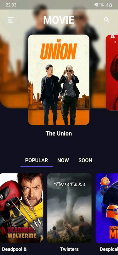 MovieBox app home screen displaying popular movies and a dark themed navigation menu