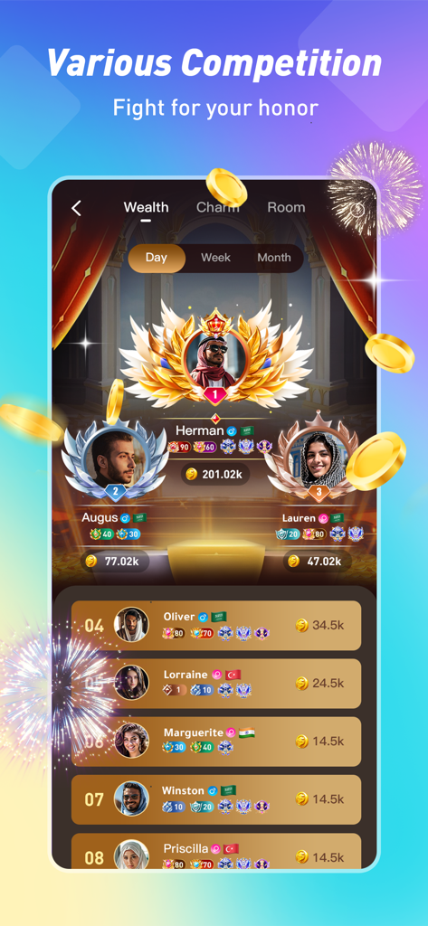 YOOY- Group Voice Chat - トップランクのユーザーとデジタルコインの合計を表示するYOOYアプリの富ランキングボード。