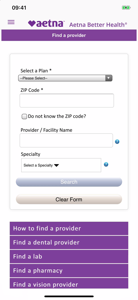 Find a provider screen in the Aetna Better Health Medicaid app with search fields for location and specialty.
