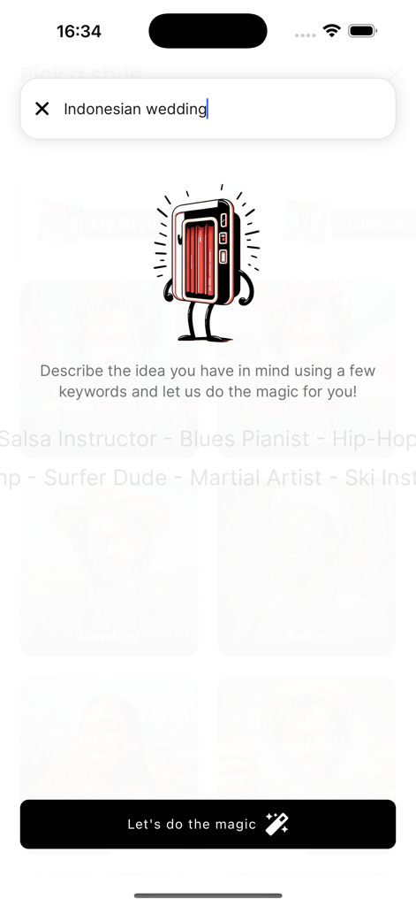 Photobooth AI - Pantalla móvil que muestra una indicación de tema personalizado de IA para una boda indonesia con un botón de varita mágica