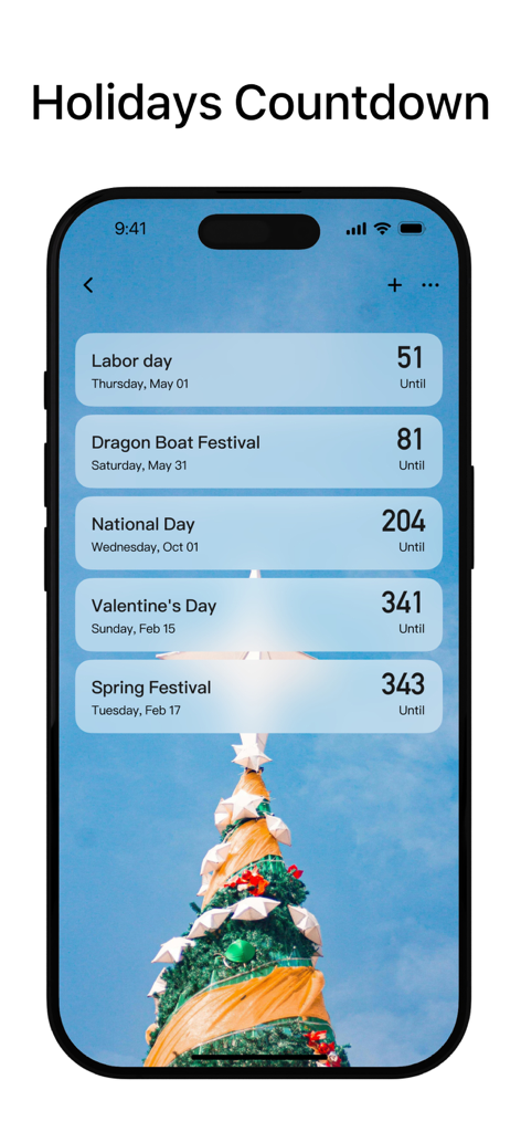 Holiday countdown list in the Day Counter widget app showing days remaining until Labor Day and other holidays