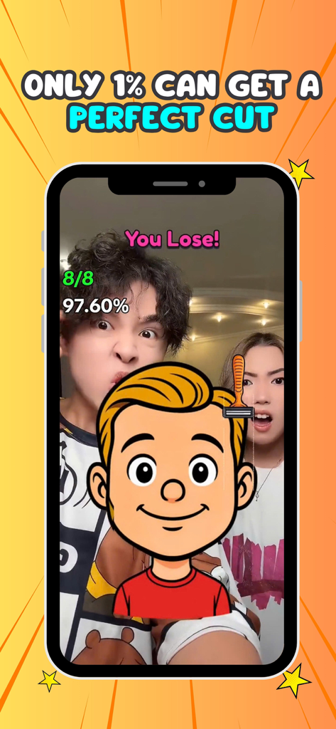 Filter Challenge: Master Cut - Una pantalla de juego móvil que muestra un desafío viral de corte de pelo con filtro con una puntuación del 97,6 por ciento y un mensaje de "has perdido".