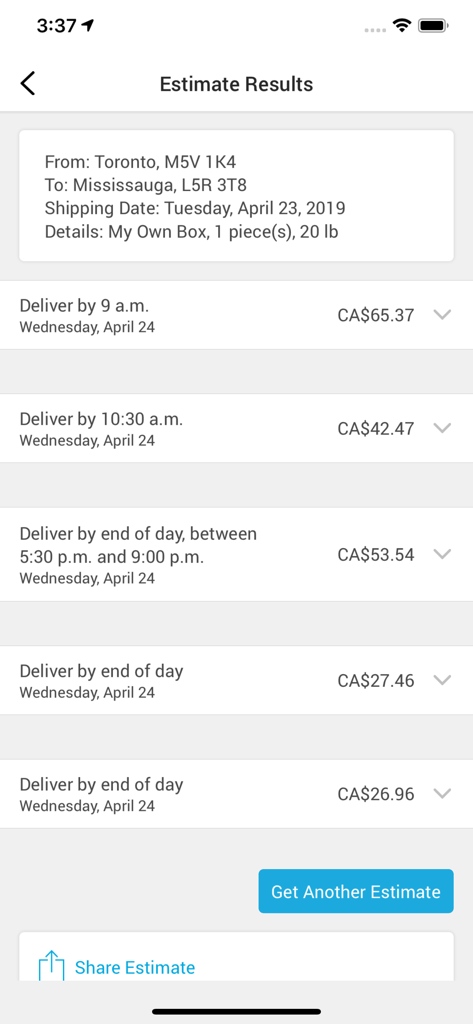 Purolator - Purolator mobile app screen displaying shipping estimate results with various delivery times and costs.