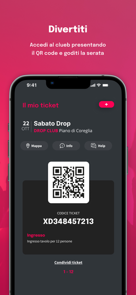 Digital ticket with QR code for club entry on the Clubbing mobile app
