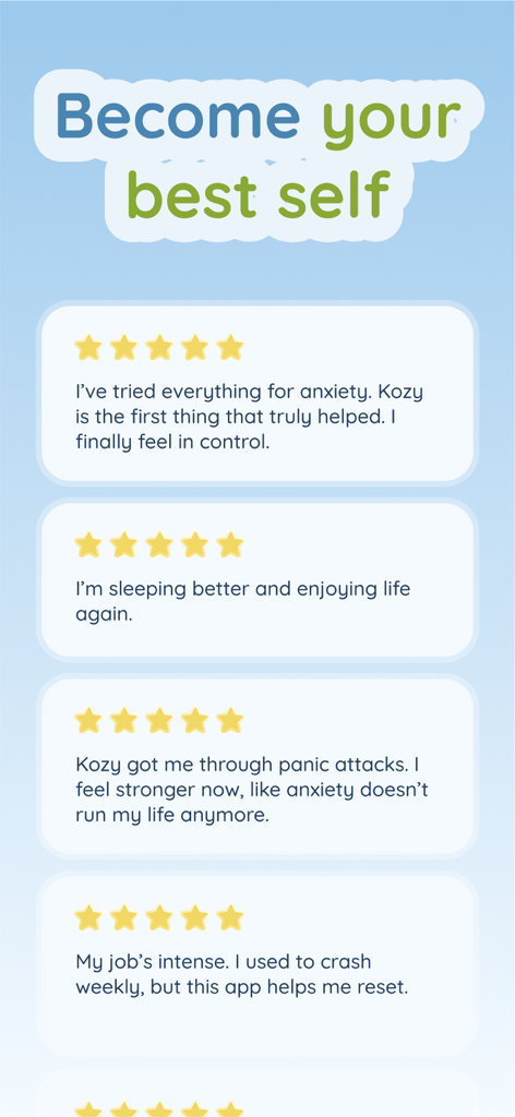 Kozy: Anxiety Relief Games - Five star user testimonials for the Kozy anxiety relief app