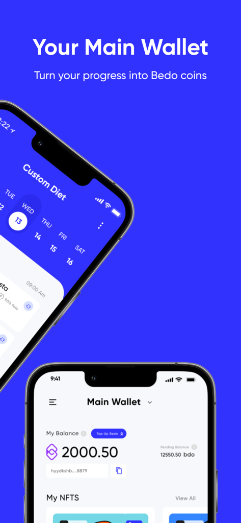 iTrainer app interface showing the main wallet and progress rewards in bedo coins