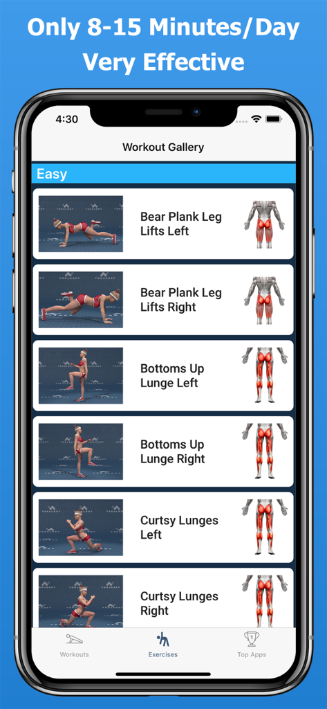 A mobile app screen showing a gallery of easy glute exercises with 3D animations and muscle highlighting.