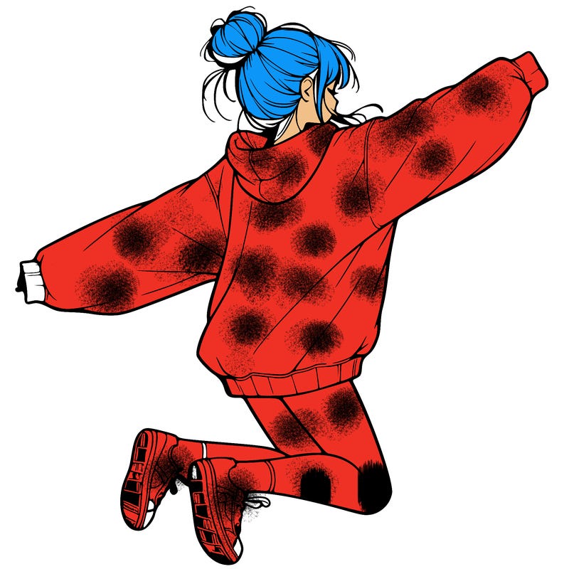 realistic girl jumping with a bun and oversized sweatshirt