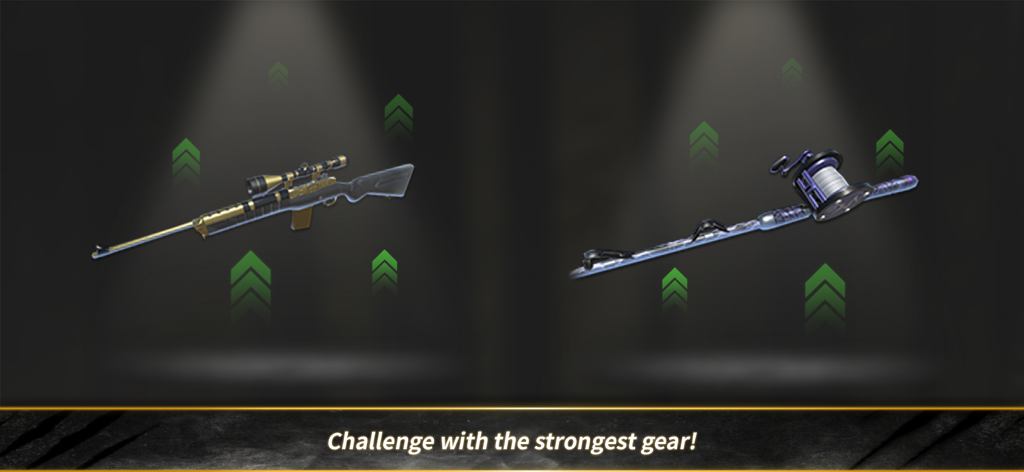 Hunt And Hook:Frontier - Upgraded sniper rifle and fishing rod with green arrows indicating power level