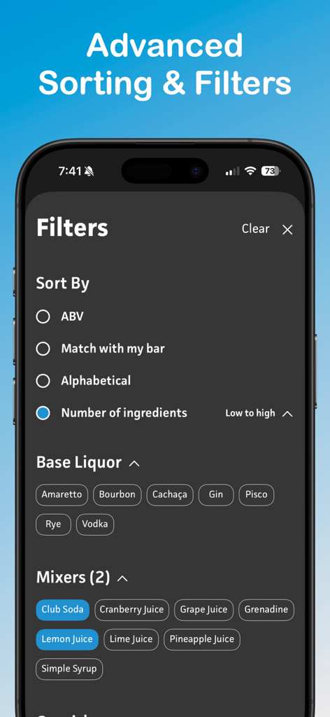 DrinkSmith: Home Bartending - DrinkSmith app interface showing advanced sorting and filtering options for cocktail recipes by base liquor and mixers