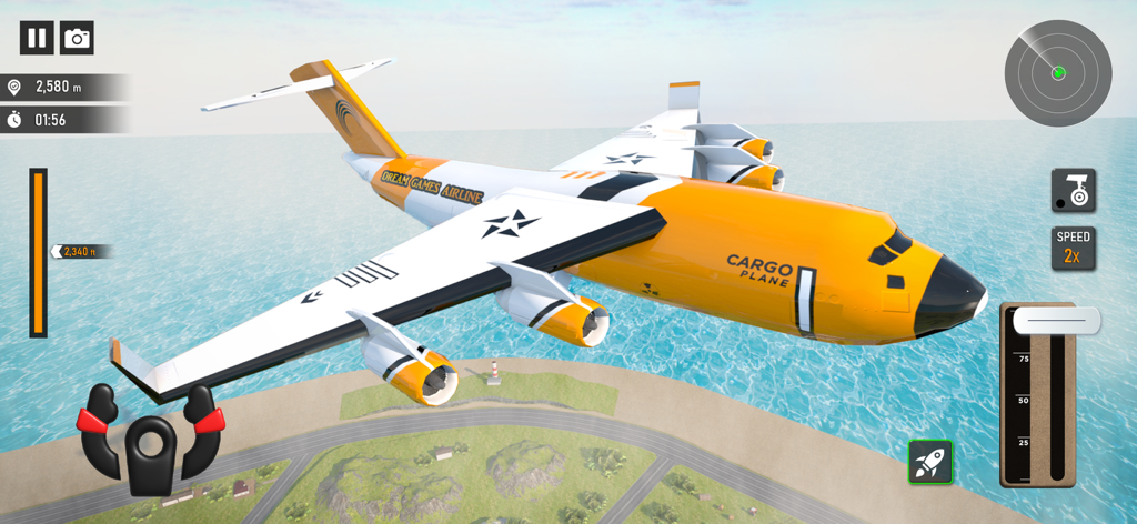Flight Pilot Airplane Games 23 - A yellow and white cargo plane flying over a tropical coastline in a mobile flight simulator game.
