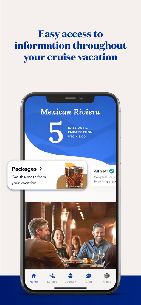 Princess Cruises - Schermata principale dell'app mobile Princess Cruises che mostra un conto alla rovescia di cinque giorni all'imbarco e dettagli del pacchetto vacanza