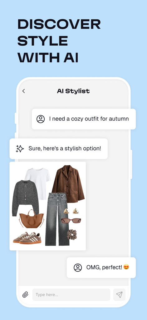 Outfit Maker & Planner: Stylix - Oberfläche des Stylix App KI-Stylisten-Chats, der ein gemütliches Herbstoutfit mit einer kuratierten Auswahl an Kleidung empfiehlt