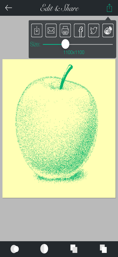 Pointillist - The Edit and Share screen of the Pointillist app featuring a green apple rendered in a pointillism style with social sharing options.