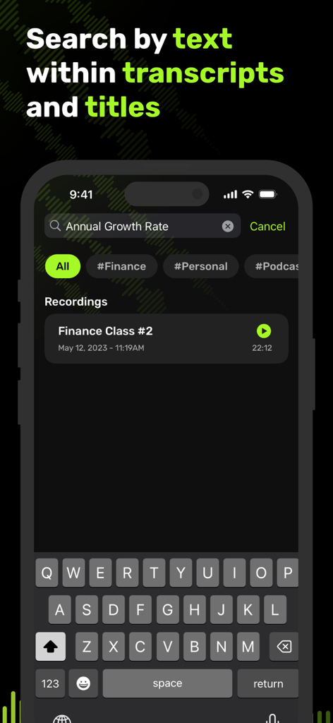 VoiceRec: AI Vocal Recorder - Interface of the VoiceRec app showing the search by text feature within transcripts and recording titles.