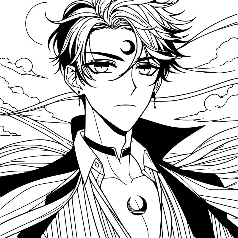 anime handsome guy, vampire with small crescent moon tattoo on forehead, windy