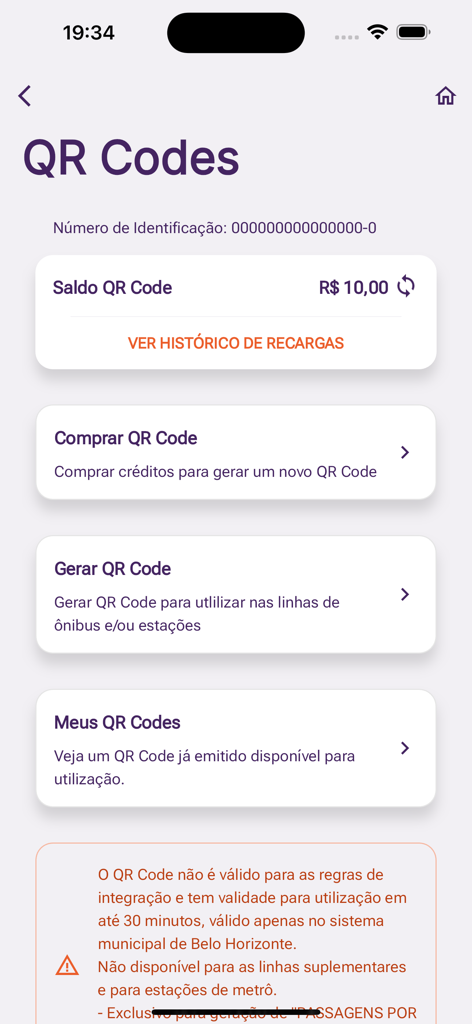 BHBUS+ - Pantalla de la aplicación móvil BHBUS plus que muestra opciones de billetes con código QR, incluyendo consulta de saldo y funciones de compra.