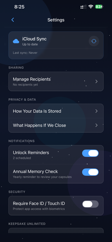 Keepsake Time Capsule - Settings screen of the Keepsake Time Capsule app featuring iCloud sync privacy data and security options