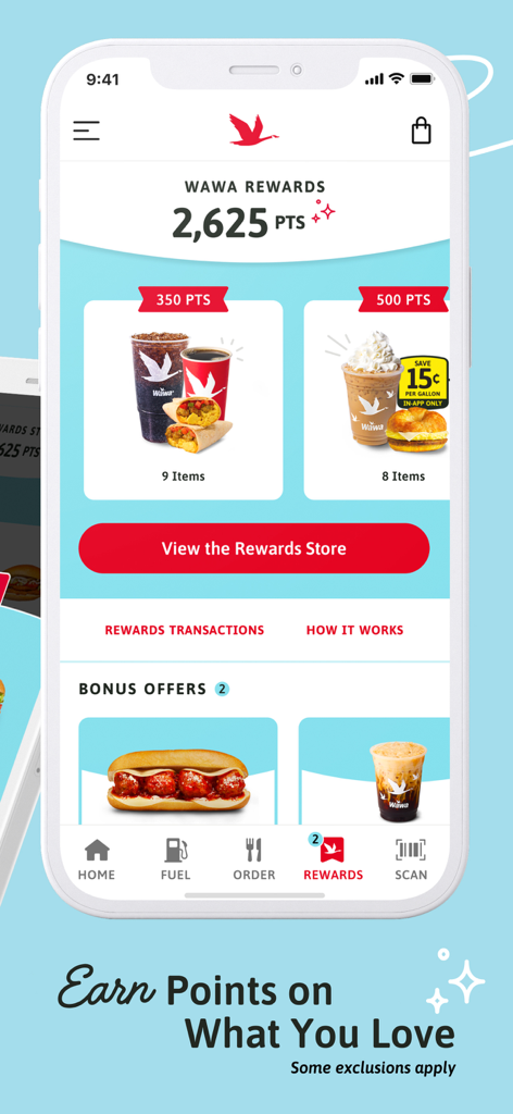 The Wawa app rewards interface displaying point totals and redeemable food items.
