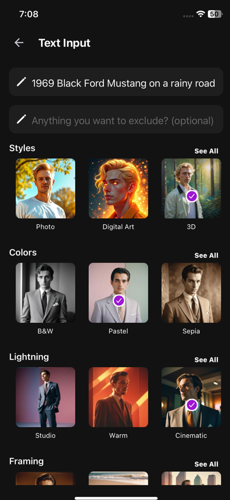 Speech To Image AI Generator - A interface de entrada de texto do aplicativo Gerador de IA de Voz para Imagem mostrando opções de estilos, cores e iluminação para geração de imagem
