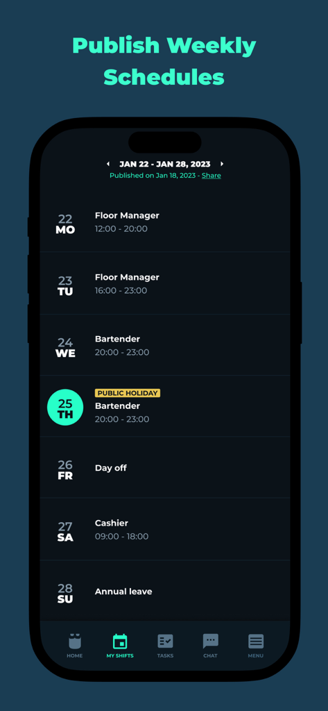 Employee Scheduling by BLEND - フロアマネージャーやバーテンダーの役割に対する特定のシフトを含む、週次の勤務スケジュールを表示するモバイルアプリのインターフェース。