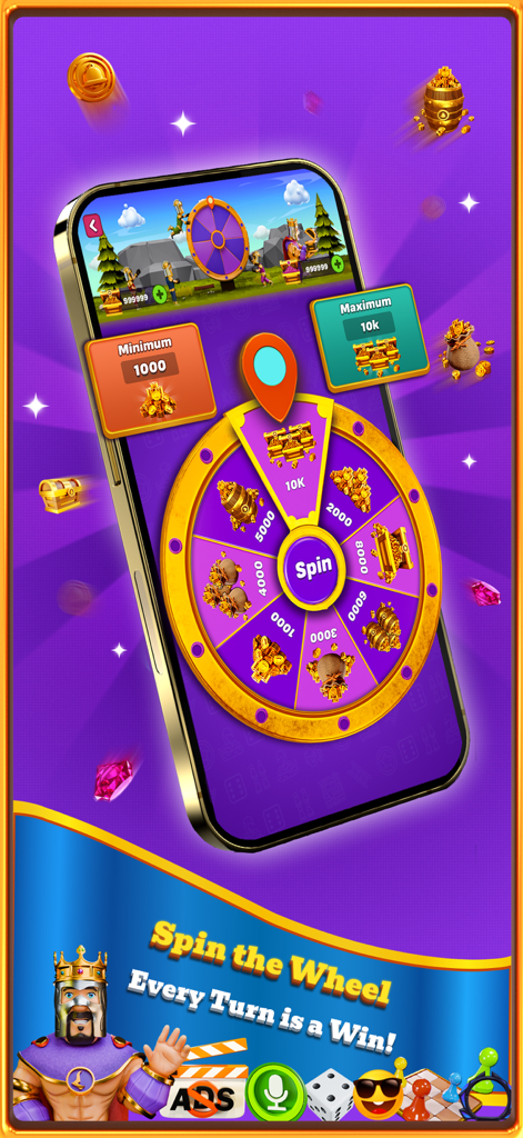 A mobile screen showing the Spin the Wheel feature in Snakes and Ladders Chief with gold coin rewards and a king character