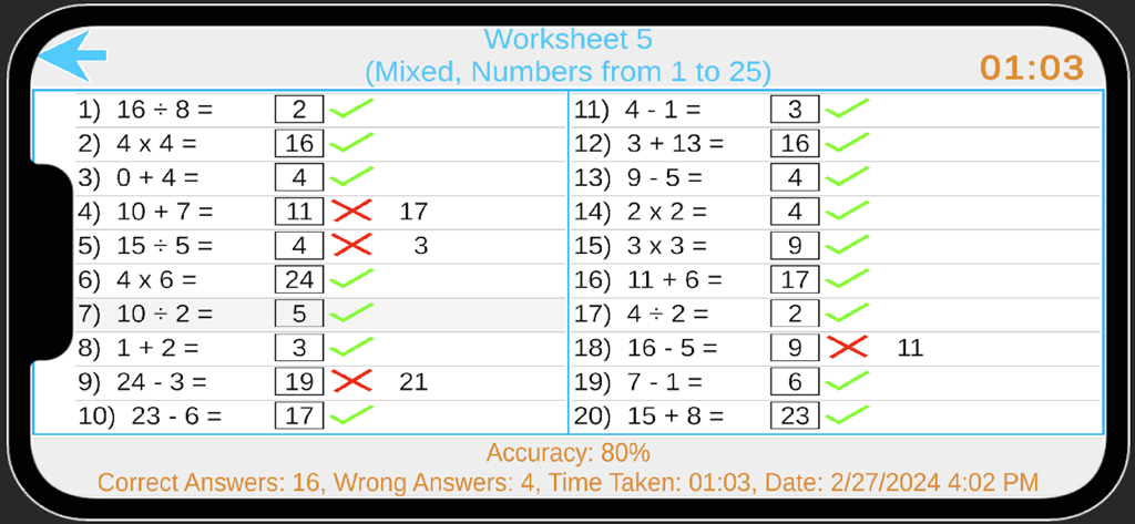 Digital math worksheet showing solved mixed arithmetic problems with accuracy and time tracking