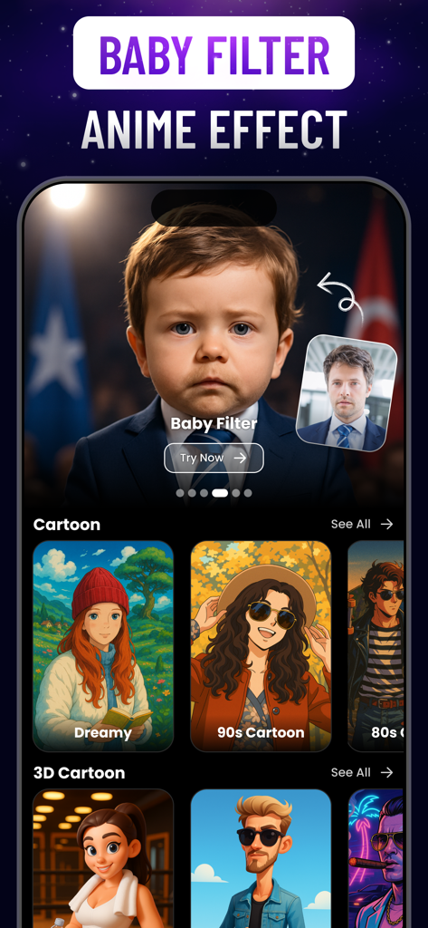 Lublu app interface featuring a baby filter transformation and a gallery of cartoon and anime artistic styles