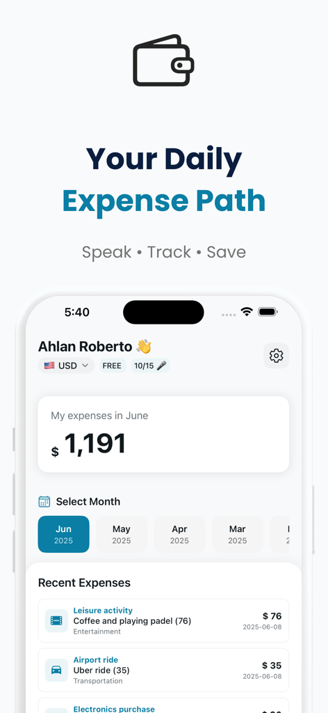 Say app interface showing monthly expense summary and recent transaction history for hands free tracking