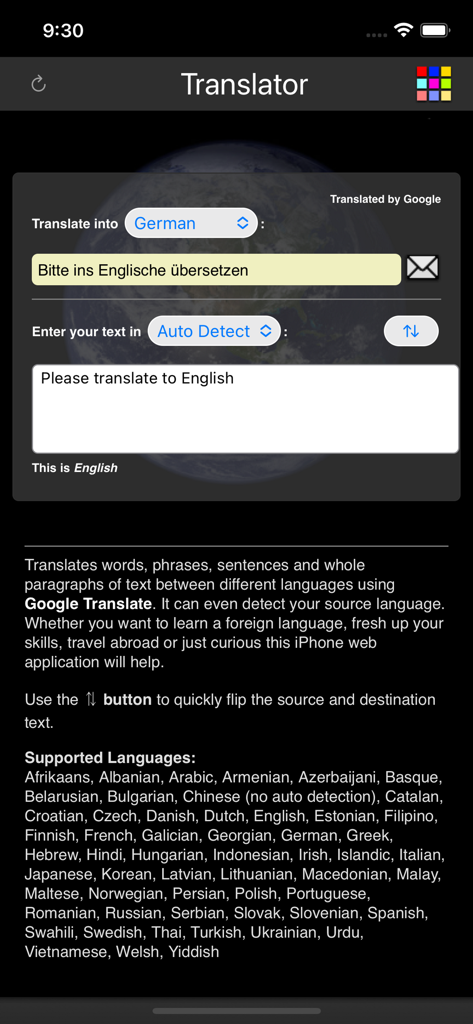 Interface of the Language Translator app showing a translation from English to German.