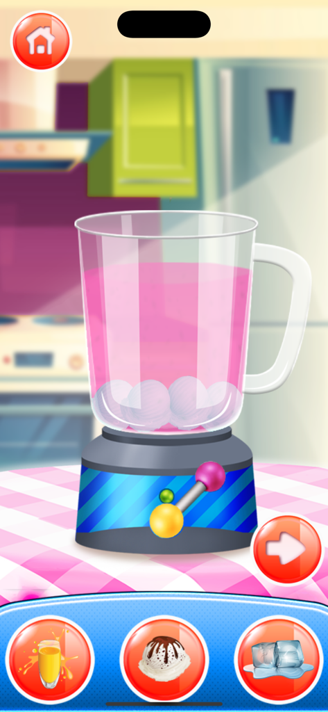 Love Smoothies Maker Game - A pink smoothie in a digital blender with ice cream and fruit juice selection buttons below