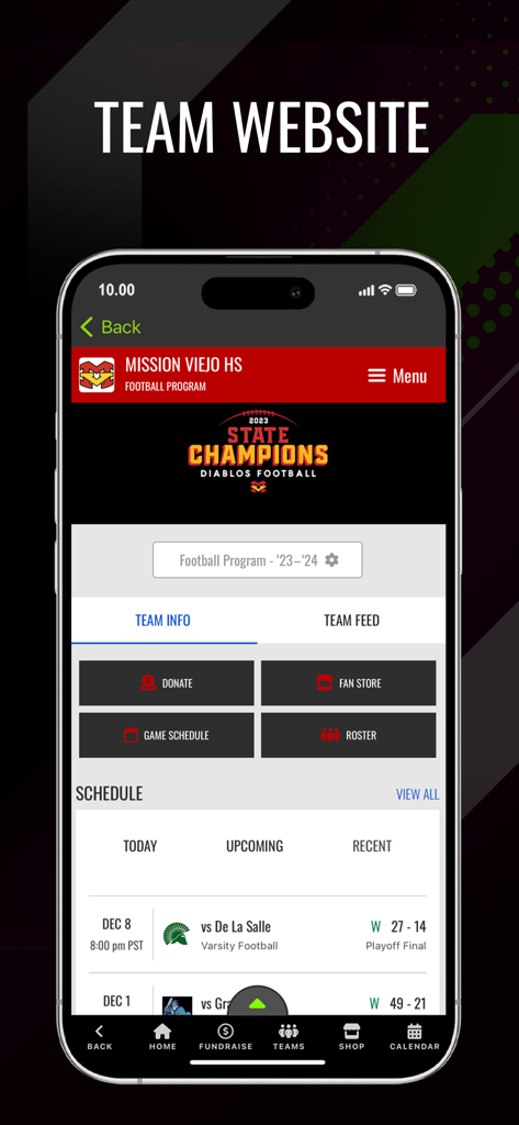 Blast Athletics mobile app displaying a high school football team page with schedule and roster details