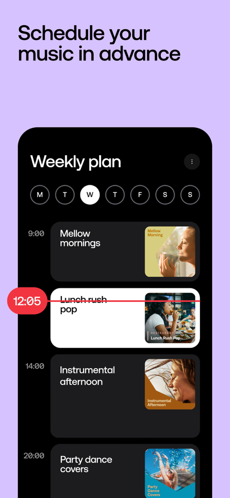 Weekly plan screen in the Soundtrack app showing a schedule of playlists like Mellow mornings and Lunch rush pop for a business.