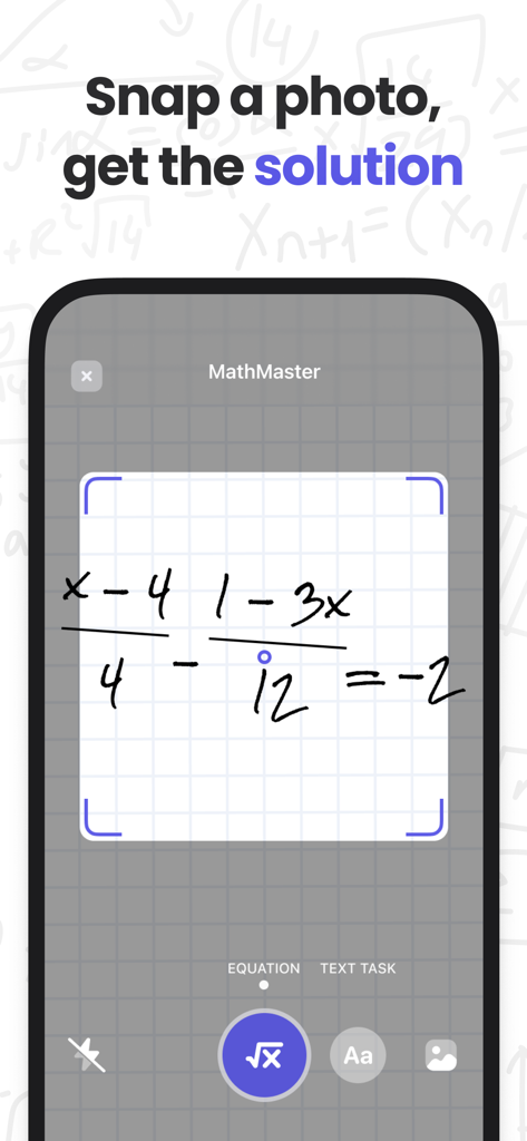 Smartphone scanning a handwritten algebra equation using the MathMaster app to find a solution