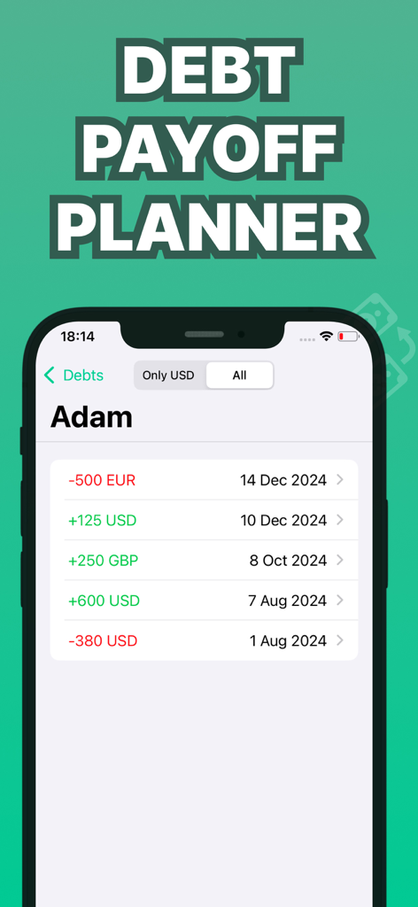 Mobile app interface of Debt Tracker showing a list of debts and receivables in multiple currencies for a contact named Adam