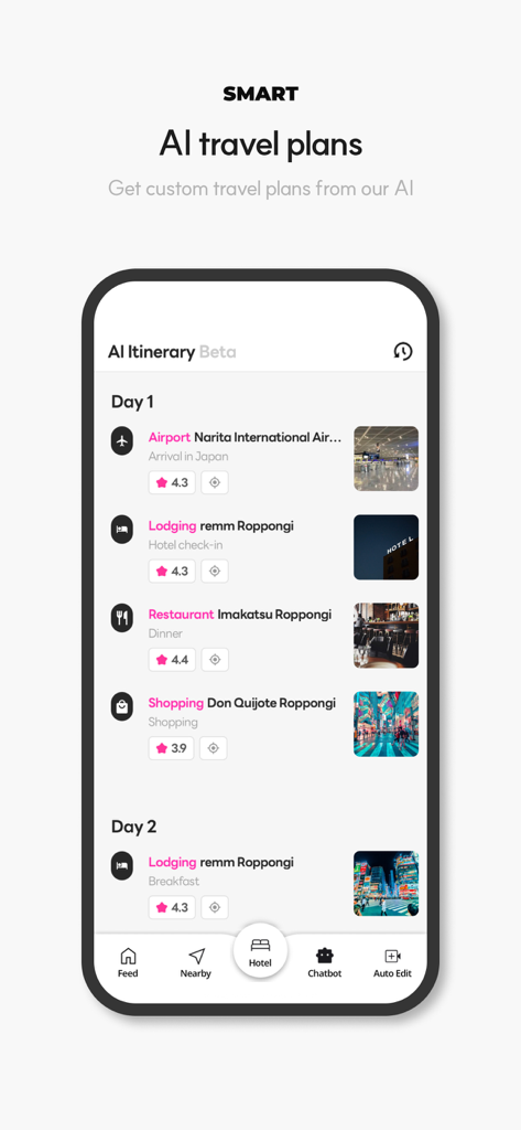 ViiV - Find the perfect travel - 日本の旅行のためのAI生成旅行旅程、毎日のアクティビティリストと評価を示すスマートフォン。