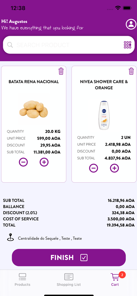Socia - Socia app shopping cart screen showing items like potatoes and shower gel with total calculation